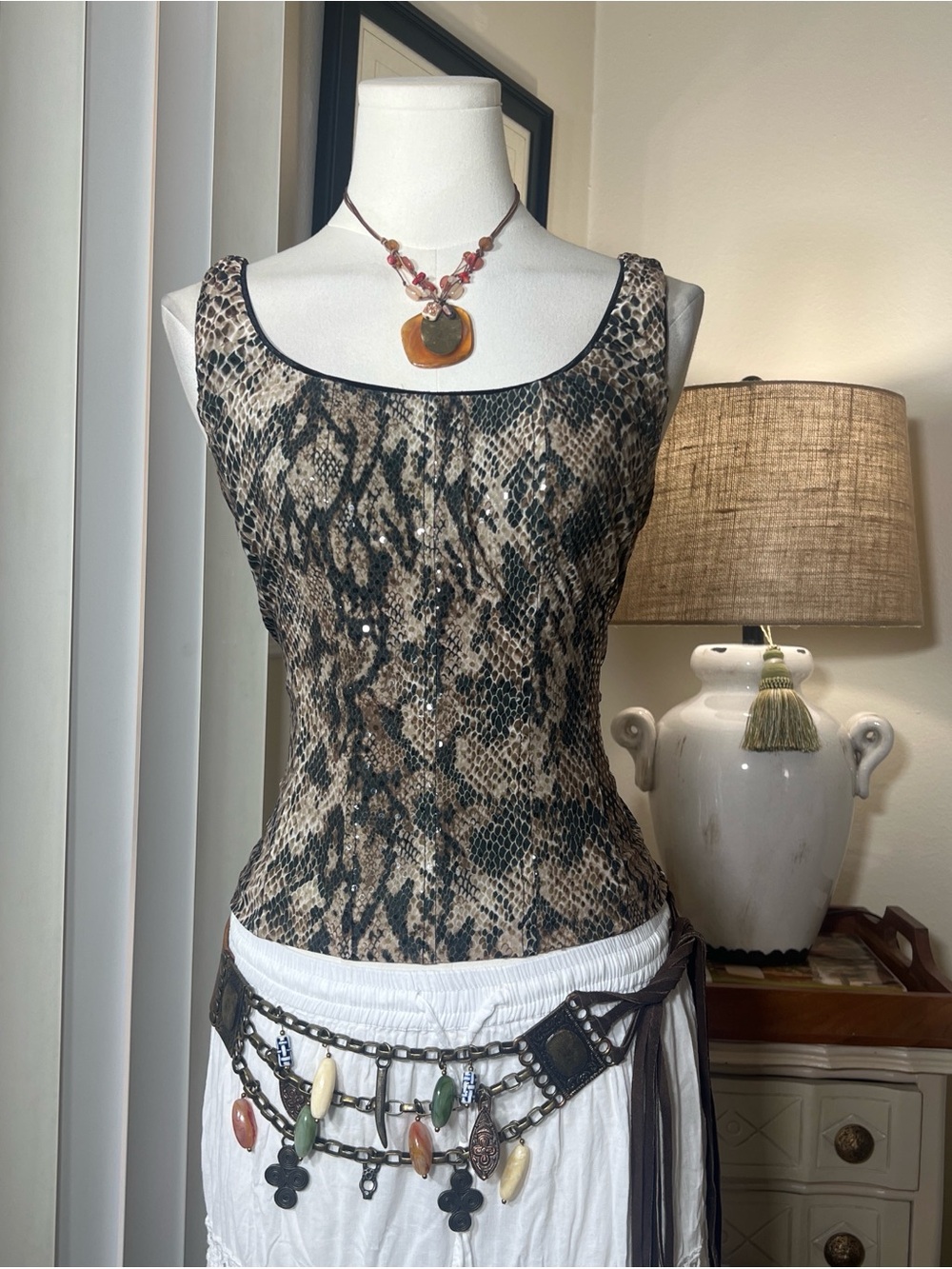 Vintage Cache Snake-Print Scoop Neck Tank Top - Brown & Black